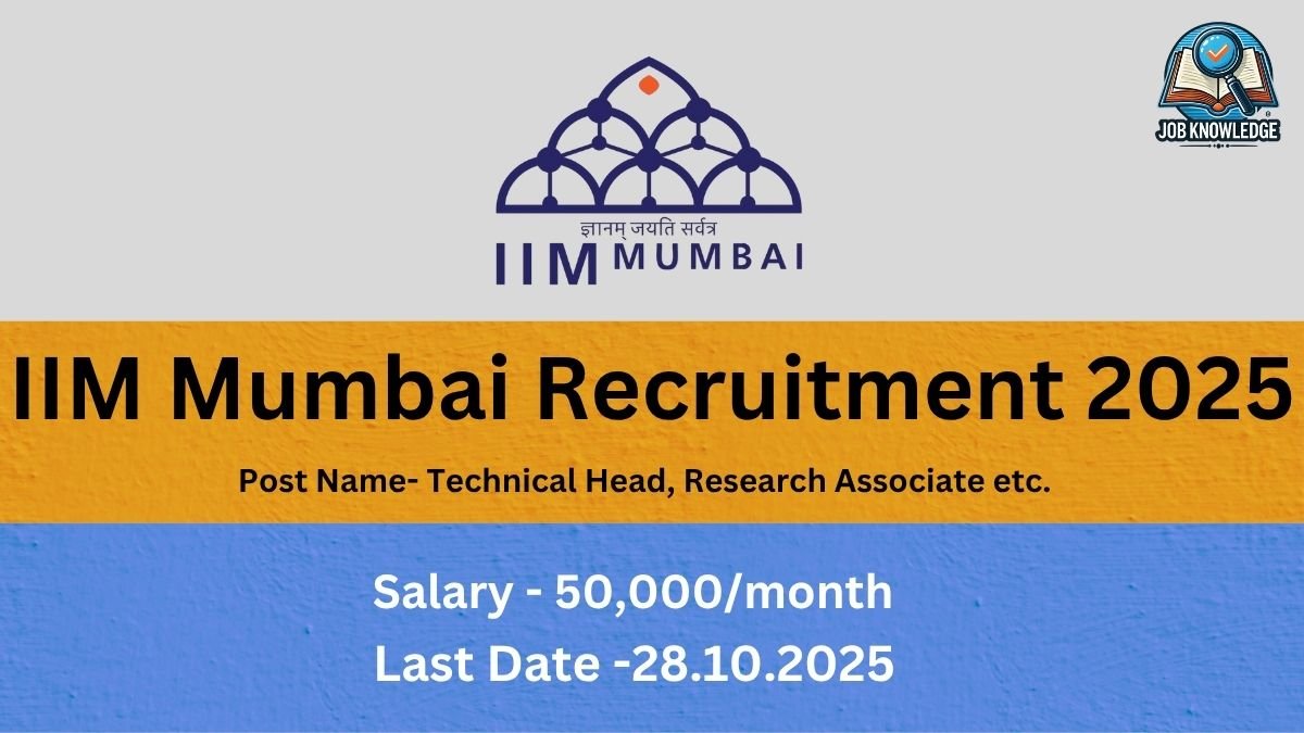 IIM Mumbai Recruitment 2025 announcement graphic with the IIM Mumbai logo. Posts include Technical Head and Research Associate. Salary: ₹50,000/month. Last Date: 28.10.2025.