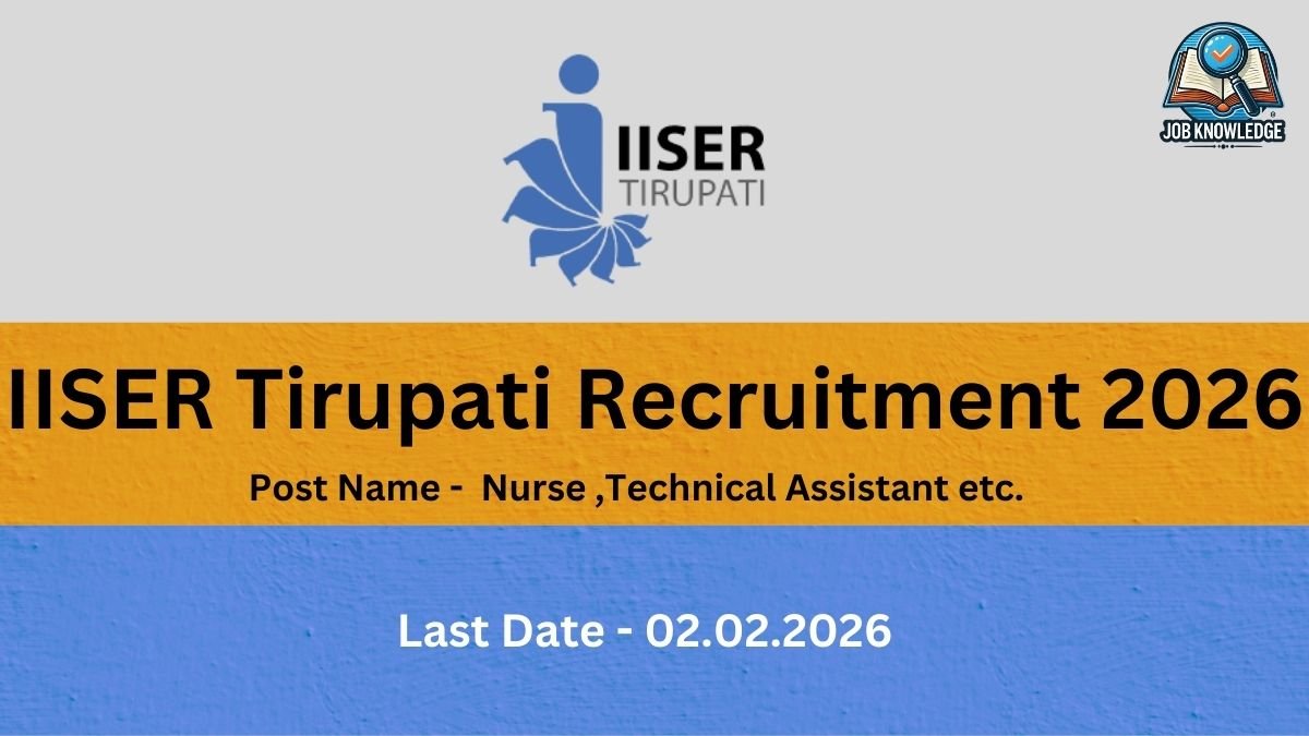 "Official recruitment notification from the Indian Institute of Science Education and Research (IISER) Tirupati for various non-teaching positions under Advertisement No. 24/2025. The image features the IISER Tirupati logo and lists various regular positions including Assistant Executive Engineer (Civil), Medical Officer, Nurse, Technical Assistant, and Junior Office Assistant. It highlights the last date to apply online as February 2, 2026, before 5:00 PM. The recruitment portal mentioned is iisertirupatint.samarth.edu.in."