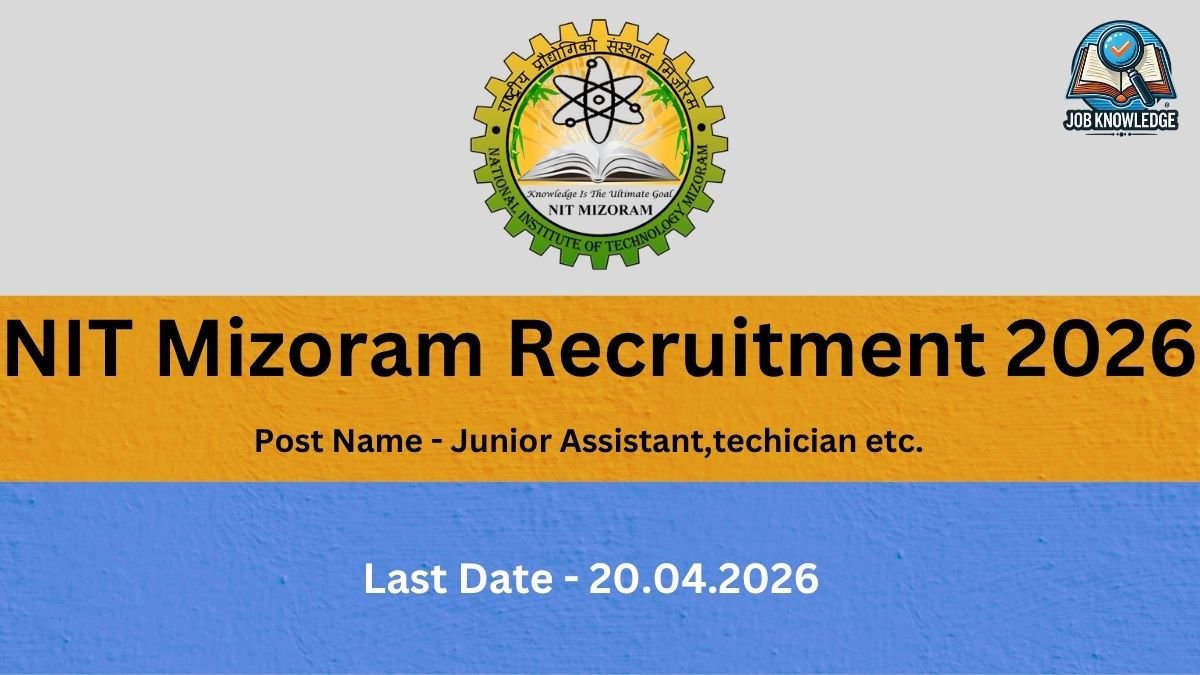 A job recruitment banner for NIT Mizoram Recruitment 2026. The top grey band features the official National Institute of Technology Mizoram logo in the center and a "Job Knowledge" logo in the top right. The middle yellow band contains the text "NIT Mizoram Recruitment 2026" and listed positions: "Post Name - Junior Assistant, technician etc." The bottom blue band displays the deadline: "Last Date - 20.04.2026."